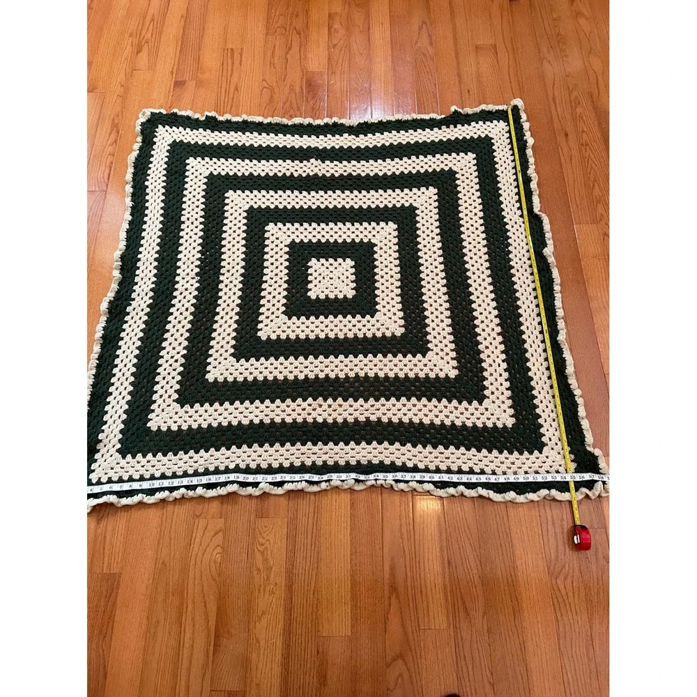 Handmade Granny Square‎ Crochet Blanket Throw Cozy Cream Green Cozy Home Decor